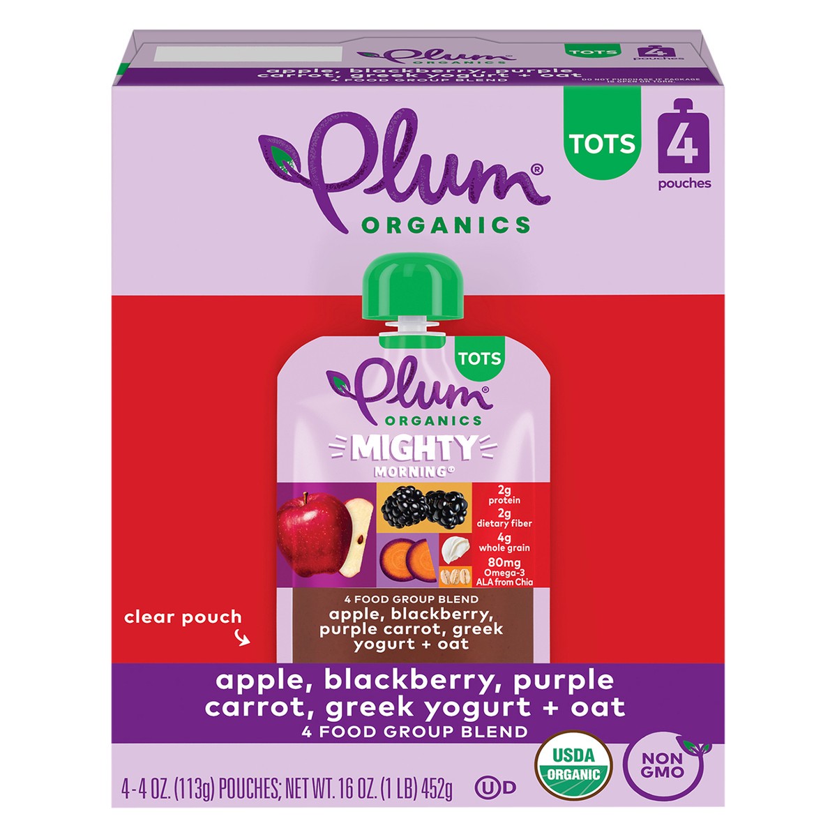 slide 1 of 9, Plum Organics Mighty Morning 4 Apple, Blackberry, Purple Carrot, Greek Yogurt + Oat 4oz Pouch-4-Pack, 4 ct