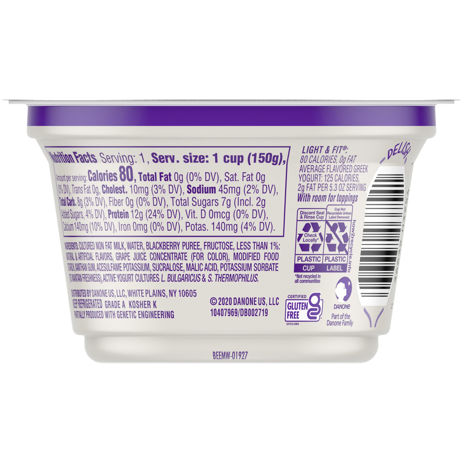 slide 2 of 7, Light + Fit Dannon Light + Fit Greek Nonfat Yogurt, Blackberry, Gluten-Free, 5.3 oz., 5.3 oz