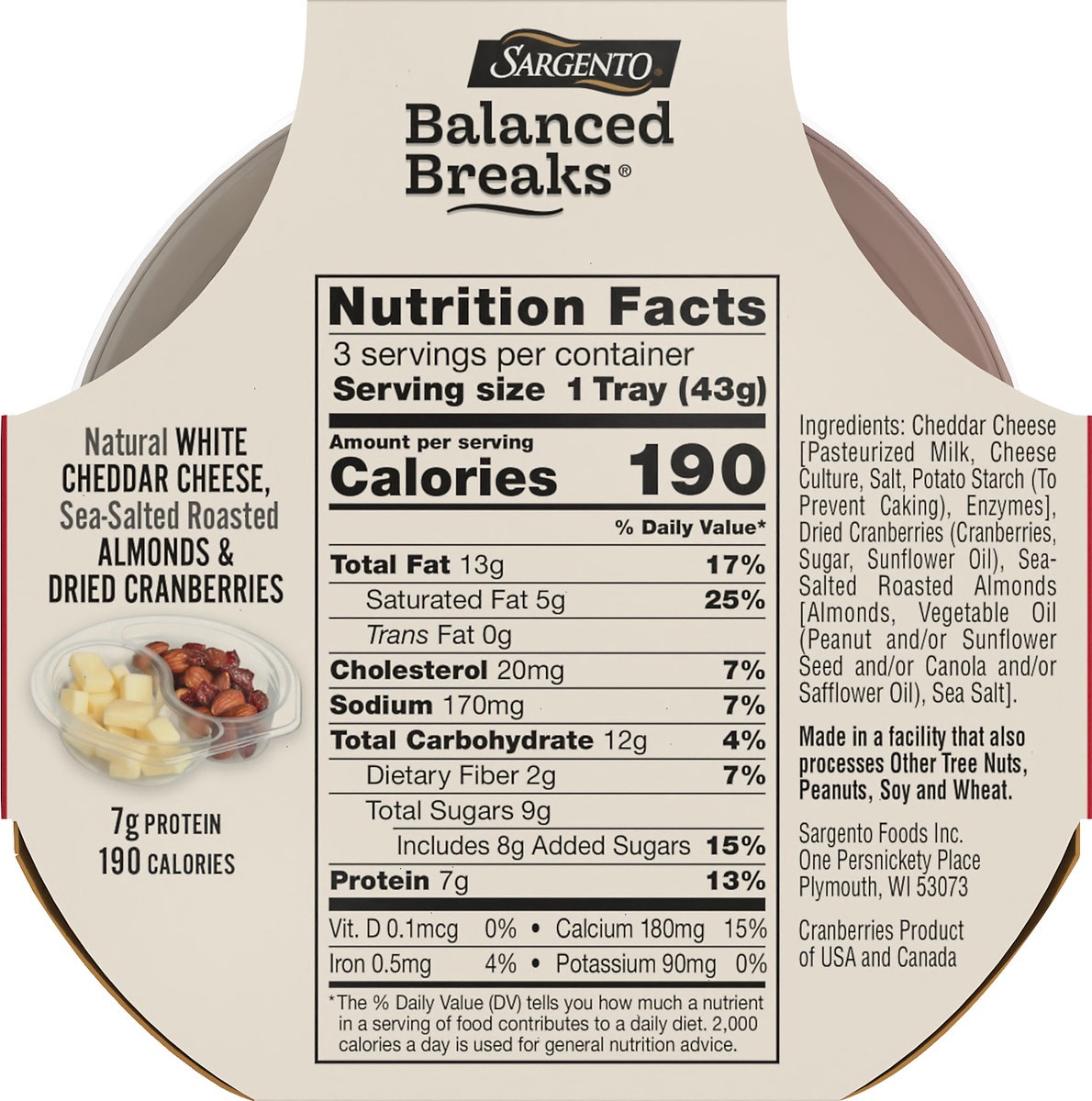 slide 5 of 9, Sargento Balanced Breaks Natural White Cheddar, Sea-Salted Roasted Almonds & Dried Cranberries - 4.5oz/3ct, 