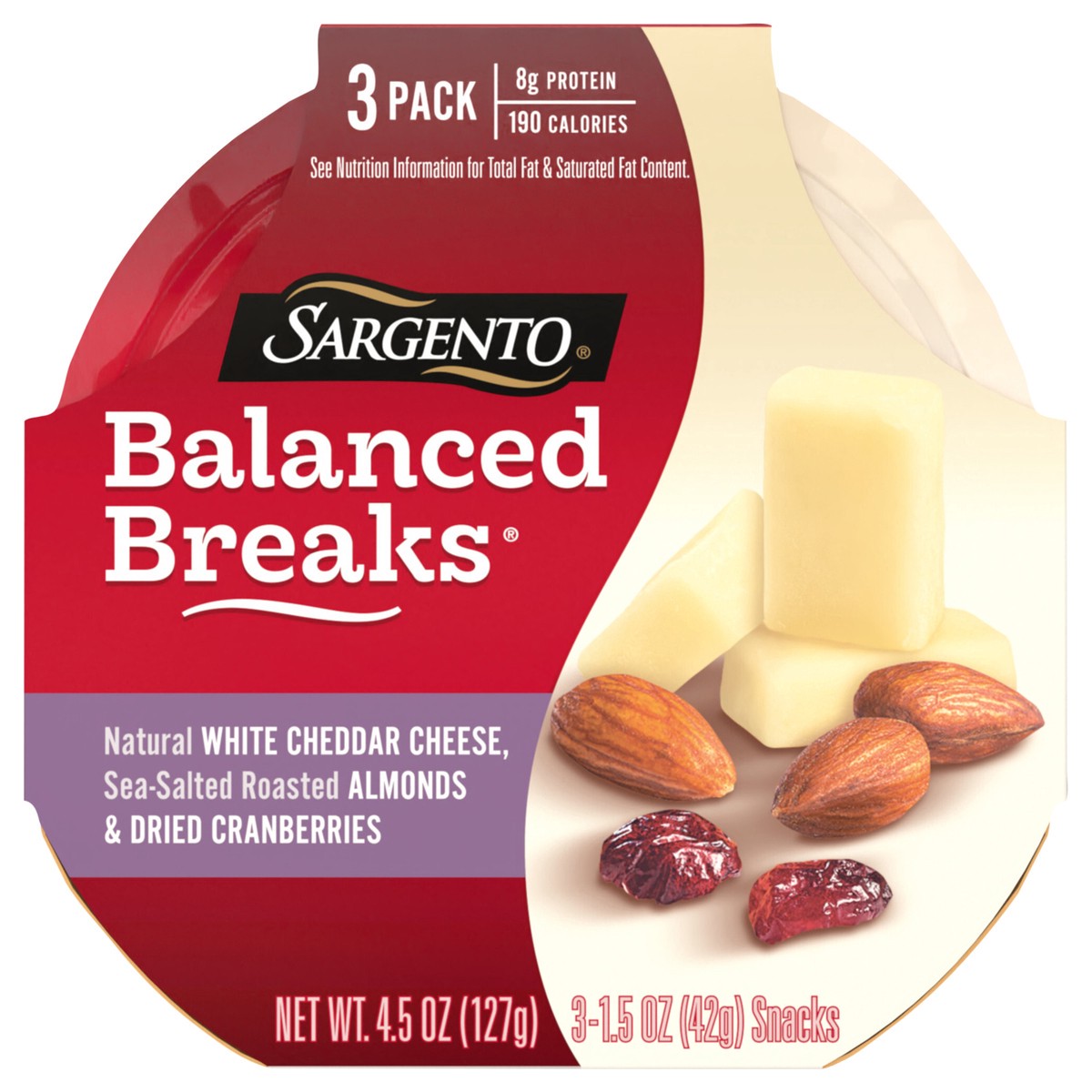 slide 1 of 9, Sargento Balanced Breaks Natural White Cheddar Cheese, Sea-Salted Roasted Almonds and Dried Cranberries Snack Kit, 3-Pack, 1.5 oz, 4.5 oz