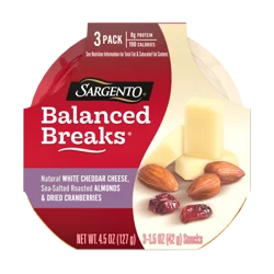 Sargento Balanced Breaks Natural White Cheddar Cheese, Sea-Salted Roasted Almonds and Dried Cranberries Snack Kit, 3-Pack, 1.5 oz
