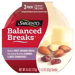 Sargento Balanced Breaks Snacks Natural White Cheddar Cheese, Sea-Salted Roasted Almonds and Dried Cranberries, 3-Pack