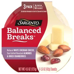 Sargento Balanced Breaks Natural White Cheddar Cheese, Sea-Salted Roasted Almonds and Dried Cranberries Snack Kit, 3-Pack, 1.5 oz
