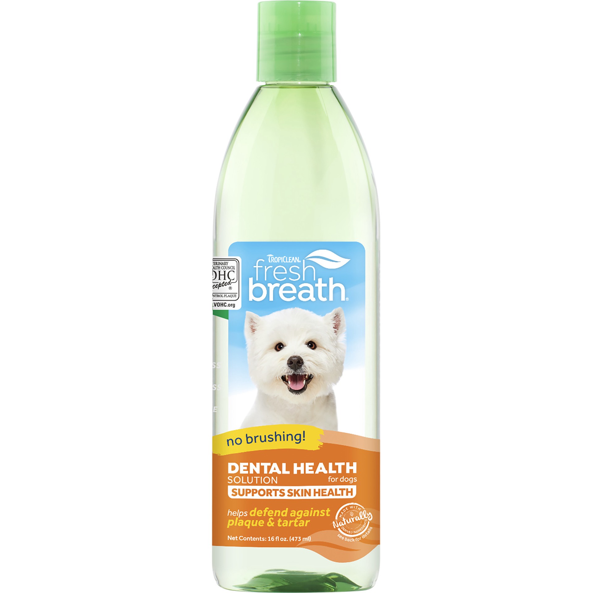 slide 1 of 10, TropiClean Fresh Breath Dental Health Solution Supports Skin Health for Dogs, 16oz, 1 ct