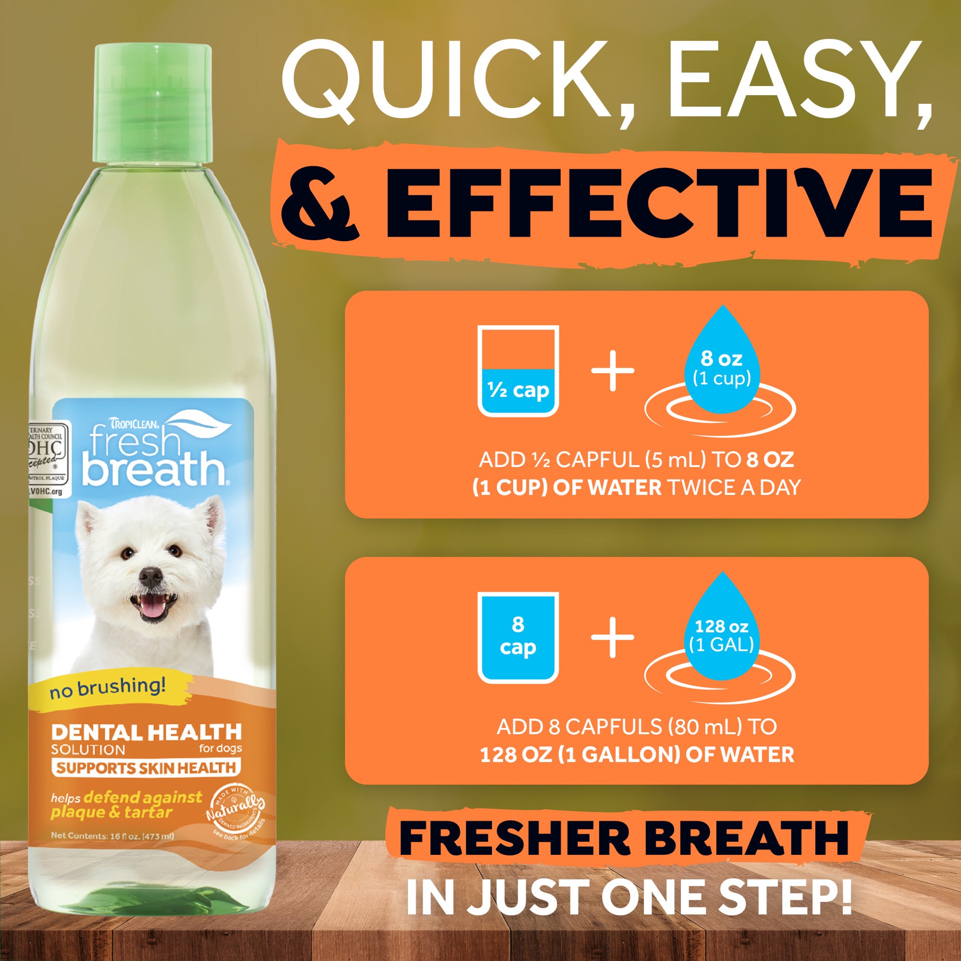 slide 8 of 10, TropiClean Fresh Breath Dental Health Solution Supports Skin Health for Dogs, 16oz, 1 ct