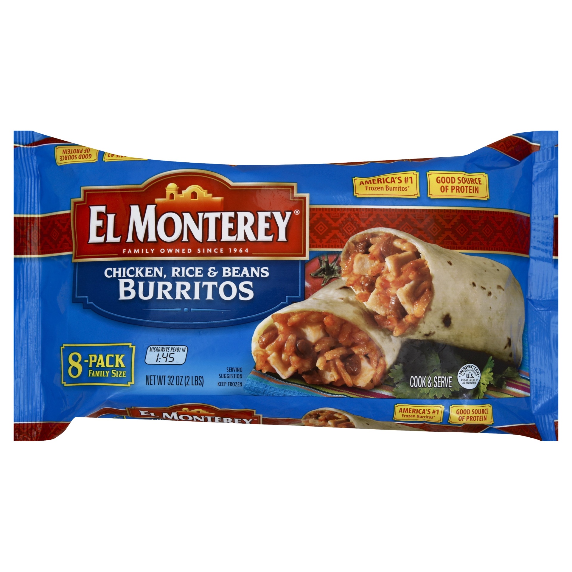 slide 1 of 3, El Monterey Chicken Rice & Bean Burritos, 32 oz