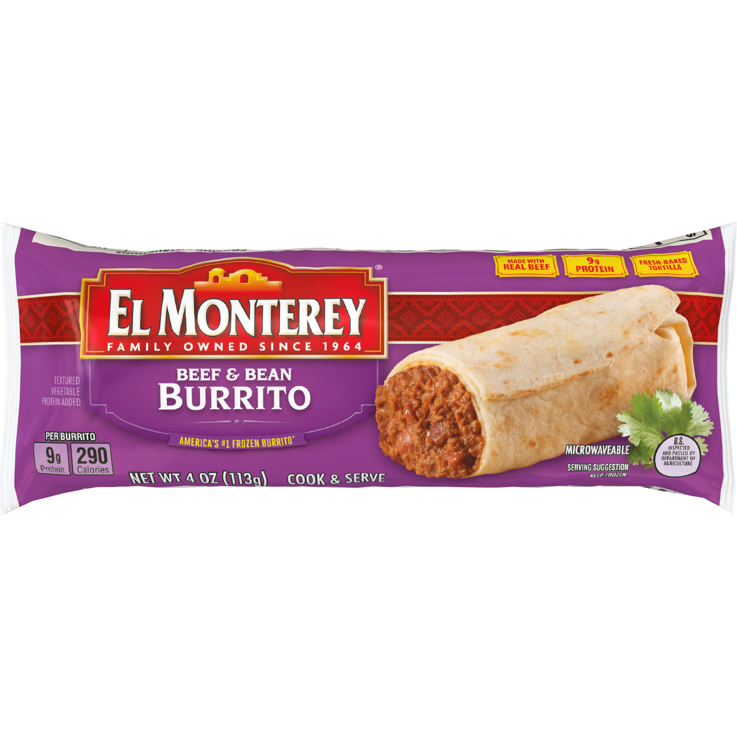 slide 1 of 7, El Monterey Beef & Bean Burrito 4 oz Single Serve, 4 oz