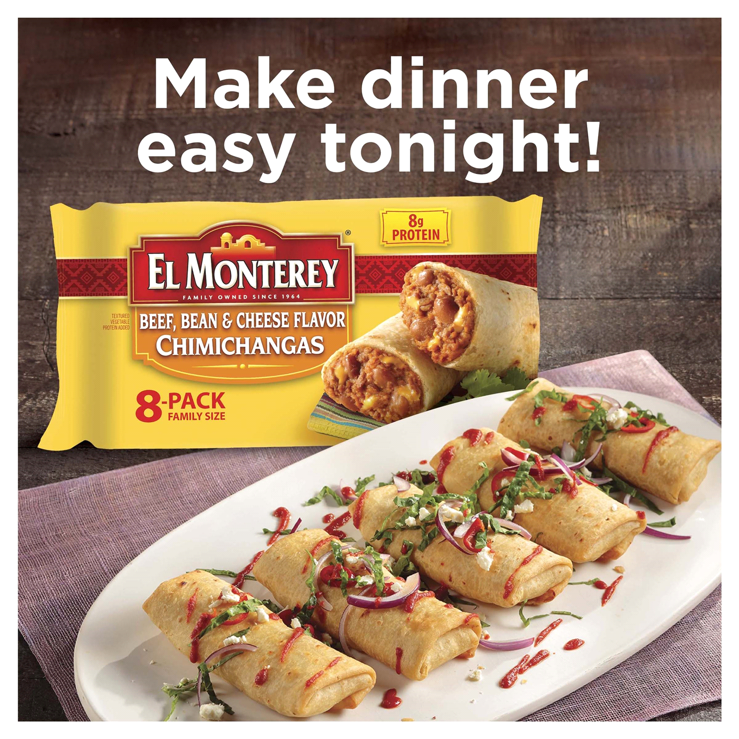 slide 2 of 5, El Monterey Chimichangas, Beef, Bean & Cheese Flavor, 8-Pack, Family Size, 8 ct