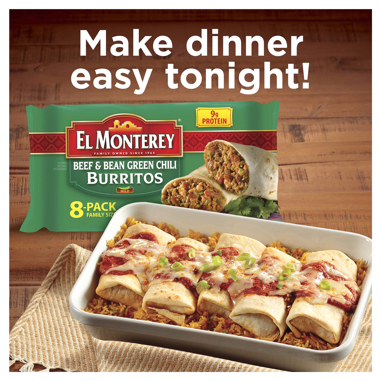 slide 5 of 5, El Monterey Burritos, Mild, Beef & Bean Green Chili, Family Size, 8 Pack, 8 ct