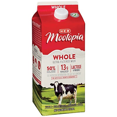 slide 1 of 1, H-E-B Select Ingredients MooTopia Lactose Free Whole Milk, 1/2 gal