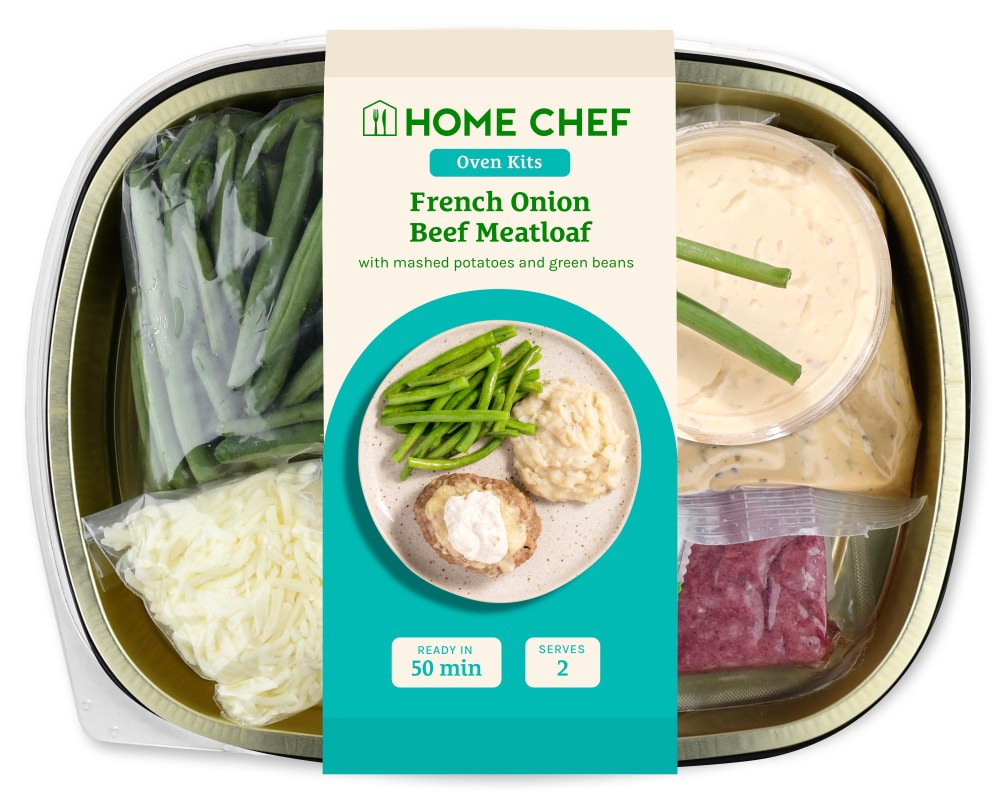 slide 1 of 2, Home Chef Oven Kit French Onion Beef Meatloaf With Mashed Potatoes And Green Beans, 29 oz