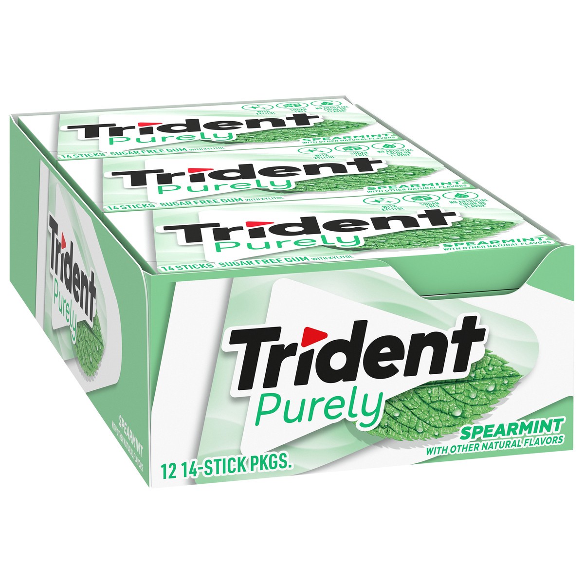 slide 8 of 12, Trident Purely Sugar Free Spearmint Gum with Xylitol 12 - 14 Stick Packages, 12 ct