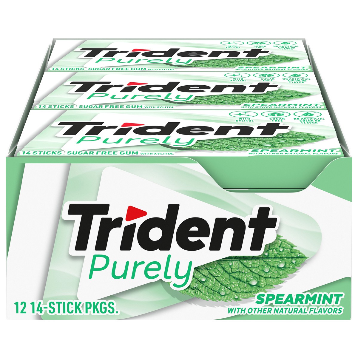slide 12 of 12, Trident Purely Sugar Free Spearmint Gum with Xylitol 12 - 14 Stick Packages, 12 ct