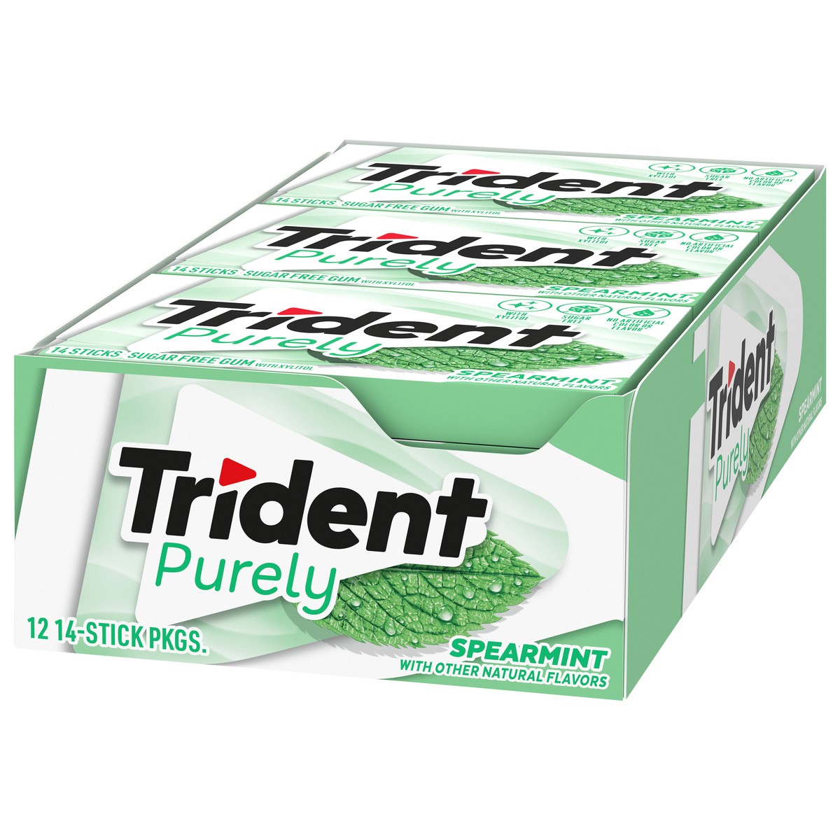 slide 7 of 12, Trident Purely Sugar Free Spearmint Gum with Xylitol 12 - 14 Stick Packages, 12 ct