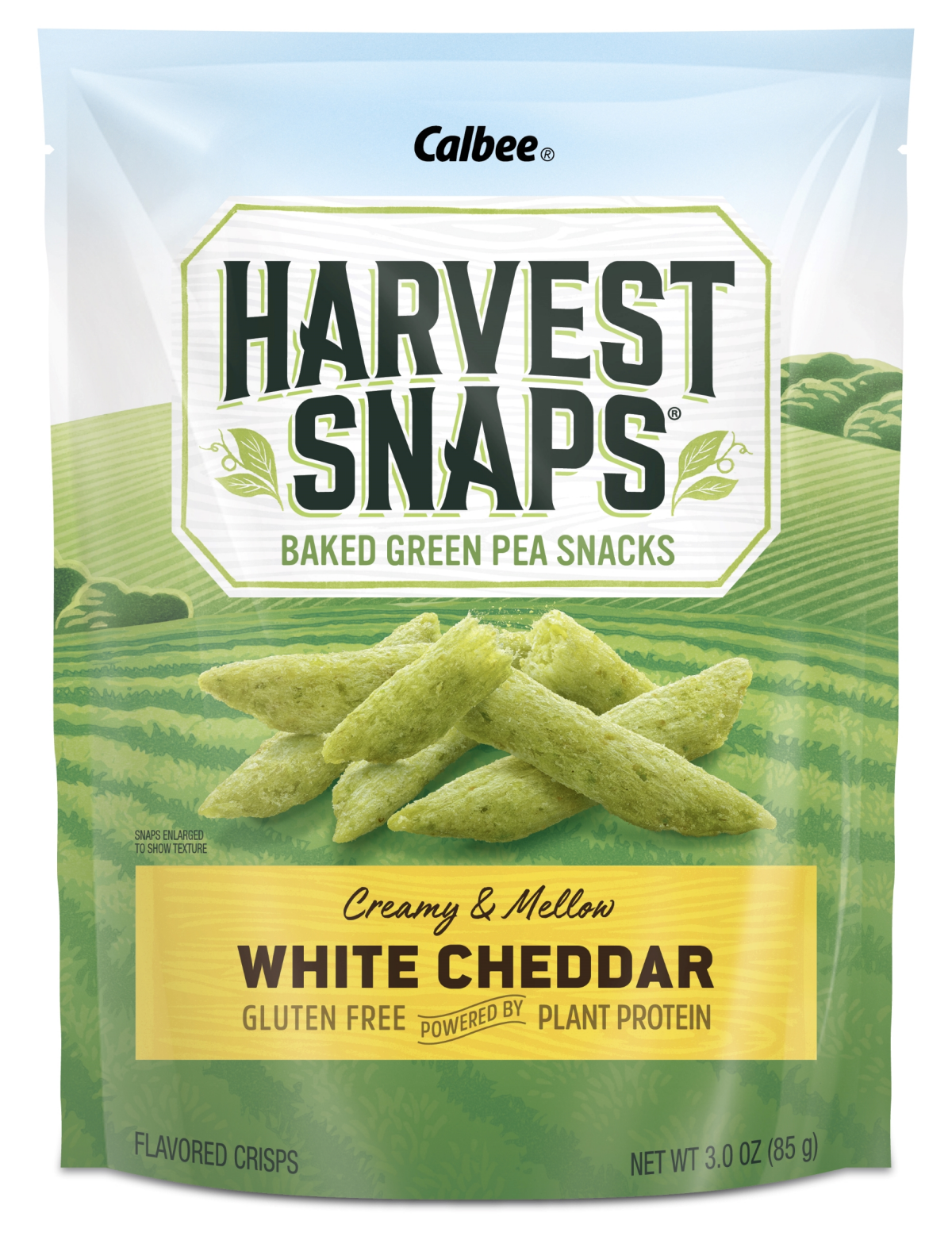 slide 1 of 1, CALBEE Harvest Snaps Baked Green Pea Snack Crisps Creamy & Mellow White Cheddar, 3 oz, 3 oz