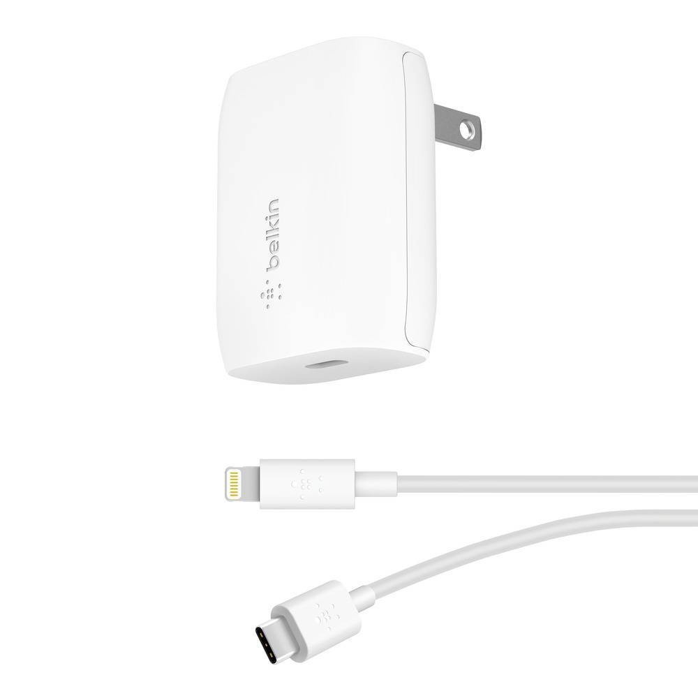 slide 4 of 5, Belkin 2-Port 18W USB-C & 12W USB-A Wall Charger, Lightning to USB-C Cable - White, 4 in