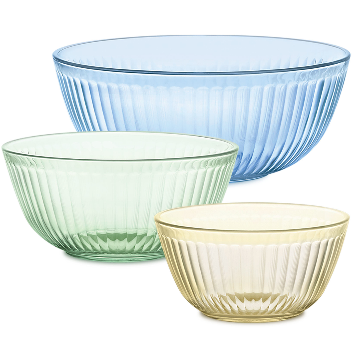slide 1 of 1, Pyrex Sculpted Colors Tinted Glass Mixing Bowls Unlidded Mixing Bowl Set, Yellow, Green and Blue, 3 ct