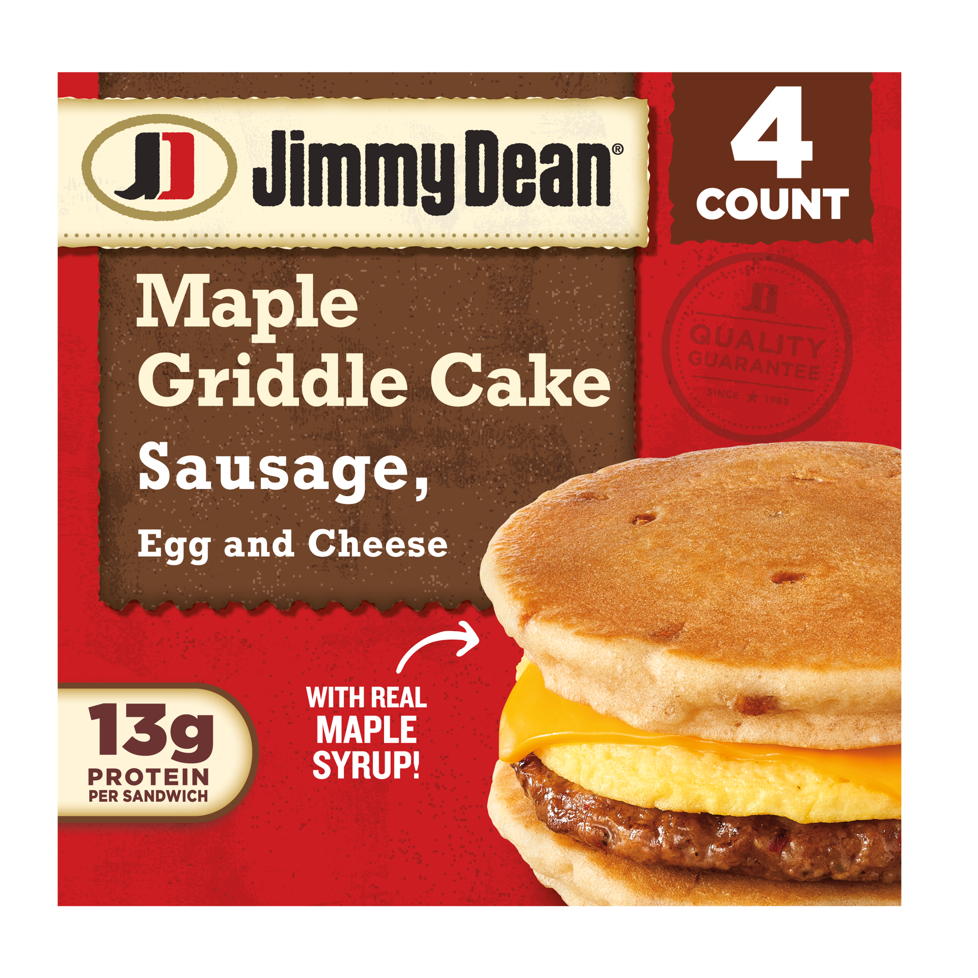 slide 1 of 9, Jimmy Dean Sausage, Egg and Cheese Maple Griddle Cake Sandwiches, 4 ct Pack, 18.8 oz Box, 4 ct