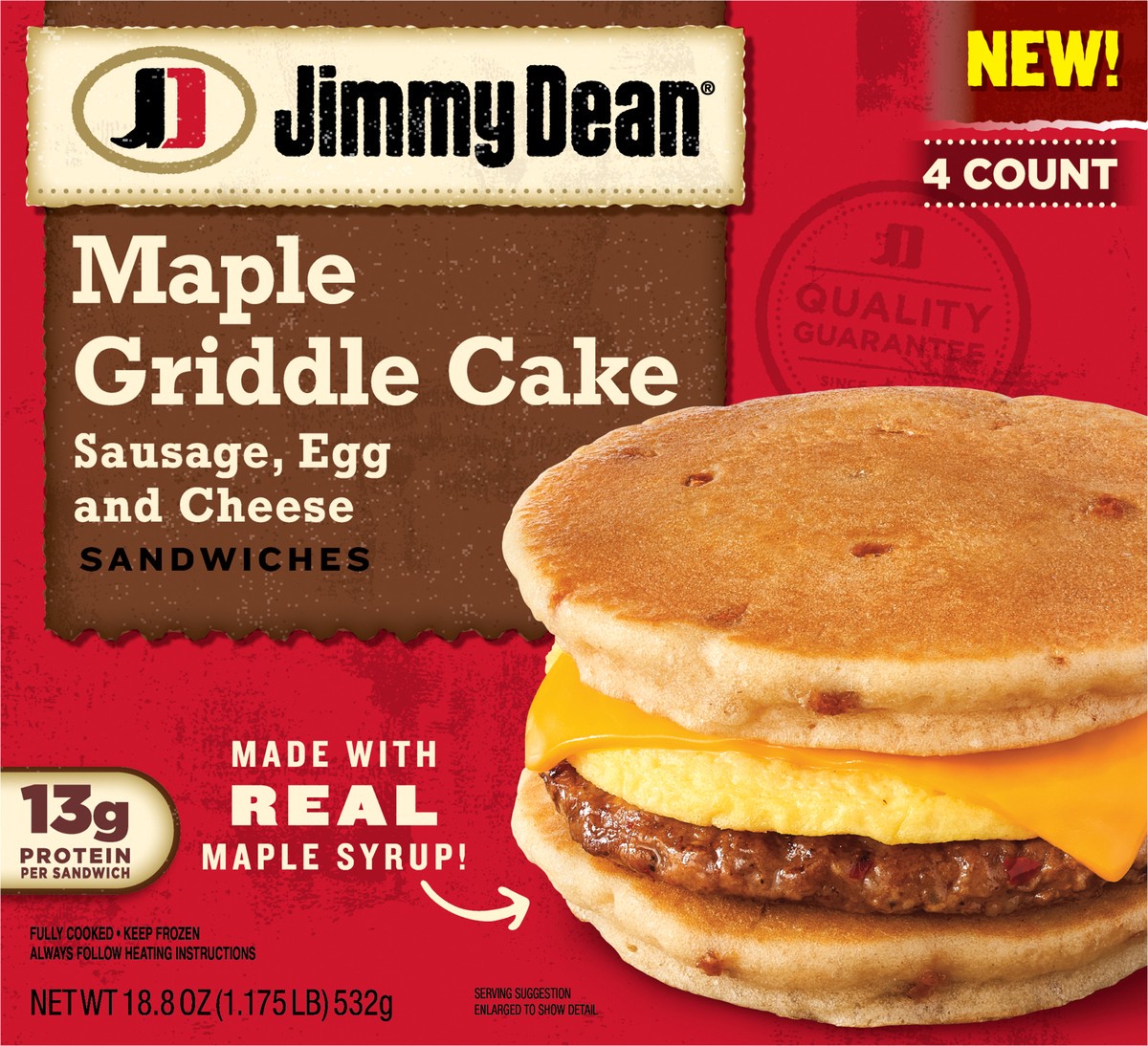 slide 8 of 9, Jimmy Dean Sausage, Egg and Cheese Maple Griddle Cake Sandwiches, 4 ct Pack, 18.8 oz Box, 4 ct