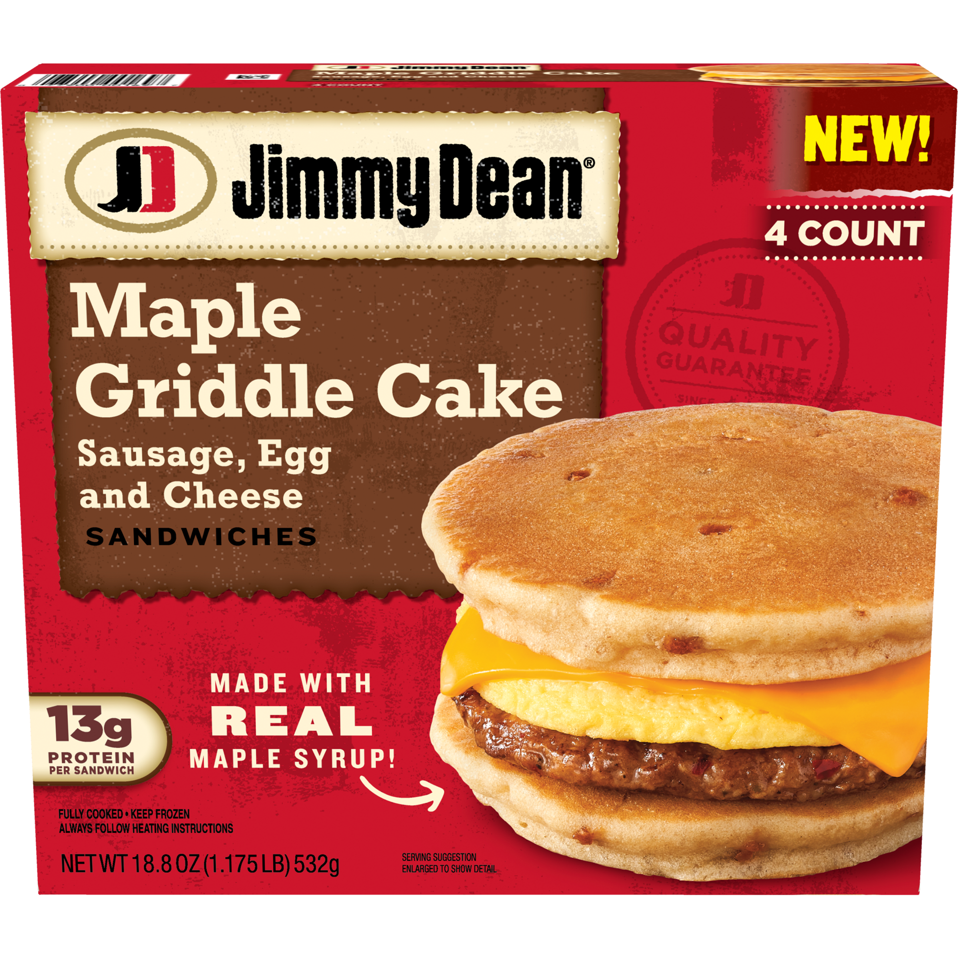 slide 1 of 9, Jimmy Dean Sausage, Egg and Cheese Maple Griddle Cake Sandwiches, 4 ct Pack, 18.8 oz Box, 4 ct