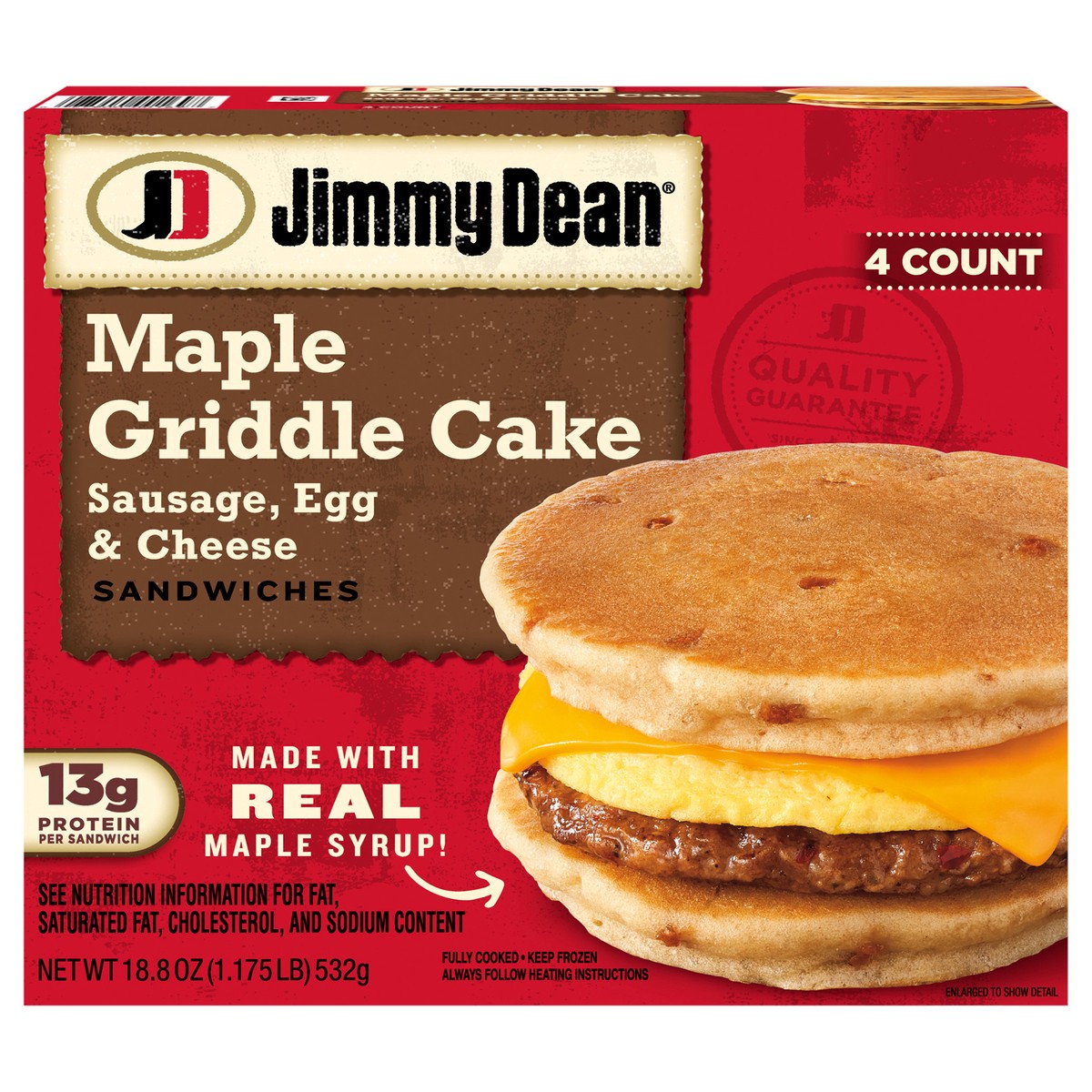 slide 1 of 9, Jimmy Dean Sausage, Egg and Cheese Maple Griddle Cake Sandwiches, 4 ct Pack, 18.8 oz Box, 4 ct