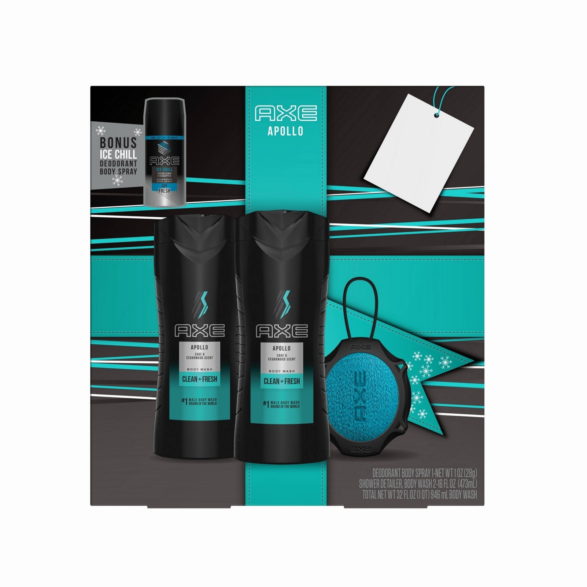 slide 1 of 7, Axe Gift Pack with Shower Tool For Grooming Apollo Various Sizes, 4 ct