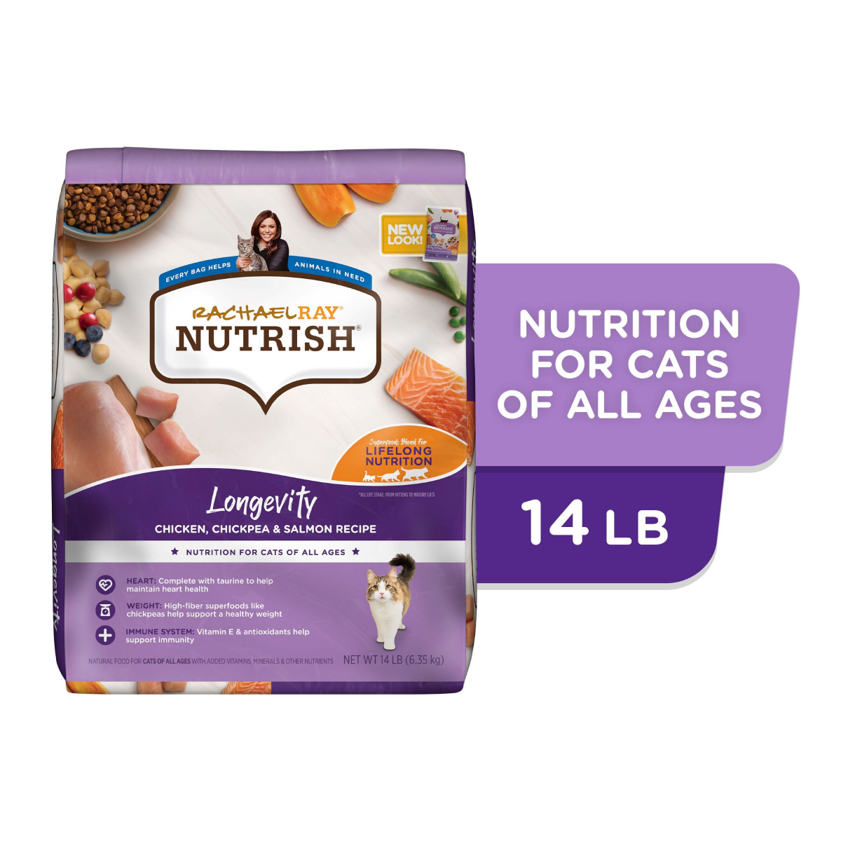 slide 1 of 21, Rachael Ray Nutrish Longevity Chicken, Chickpea & Salmon Recipe Dry Cat Food, 14 lb. Bag, 224 oz