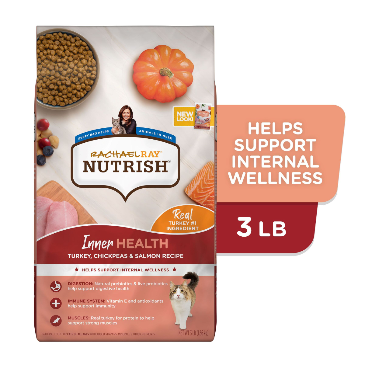slide 1 of 29, Rachael Ray Nutrish Inner Health Turkey, Chickpeas & Salmon Recipe Dry Cat Food, 3 lb. Bag, 48 oz