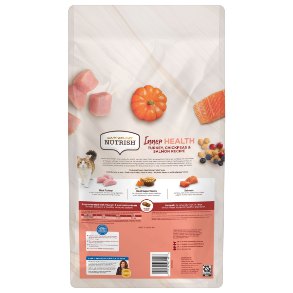 slide 12 of 21, Rachael Ray Nutrish Inner Health Turkey, Chickpeas & Salmon Recipe Dry Cat Food, 6 lb. Bag, 96 oz