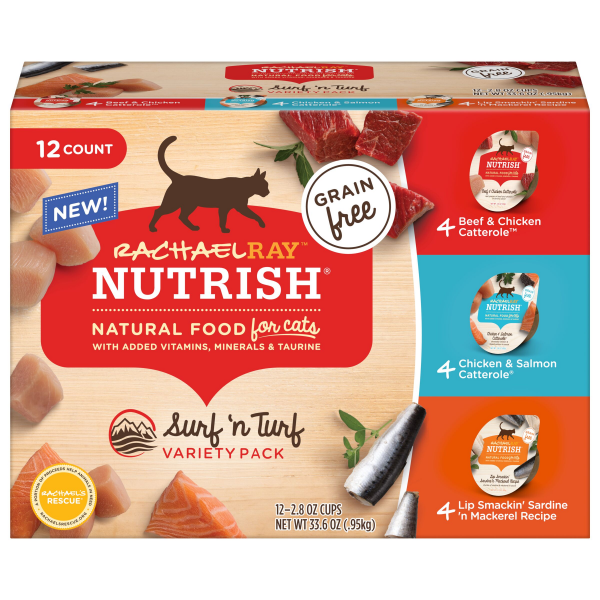 slide 18 of 21, Rachael Ray Nutrish Natural Wet Cat Food, Grain Free Surf 'n Turf Variety Pack, 2.8 oz tubs, Pack of 12, 33.6 oz