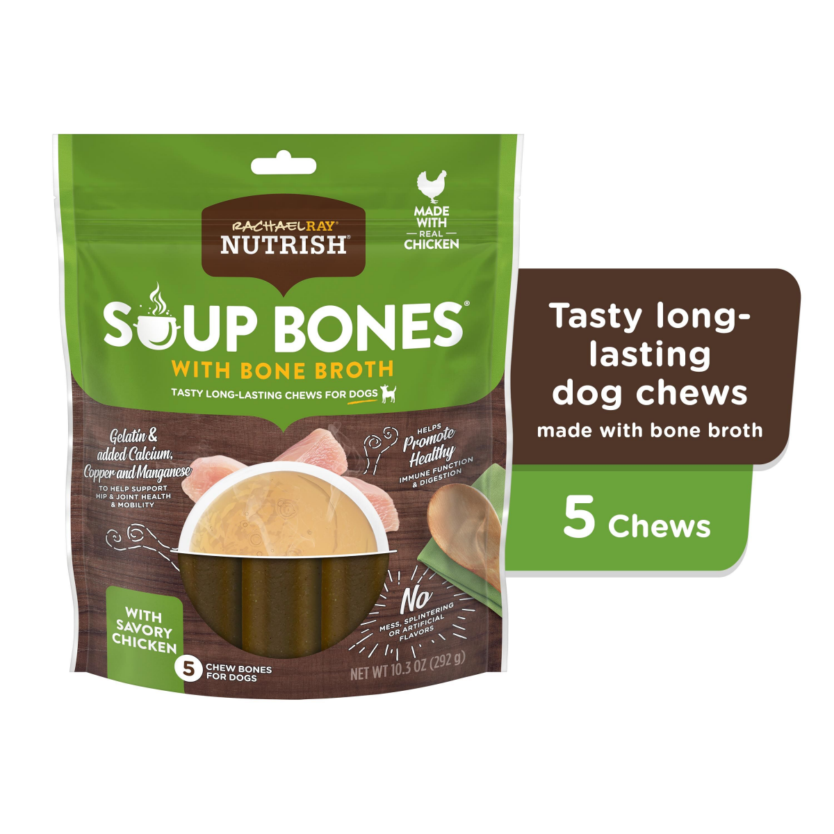 slide 1 of 21, Rachael Ray Nutrish Soup Bones With Bone Broth Dog Chews With Savory Chicken, 5 Dog Chews, 10.3 oz