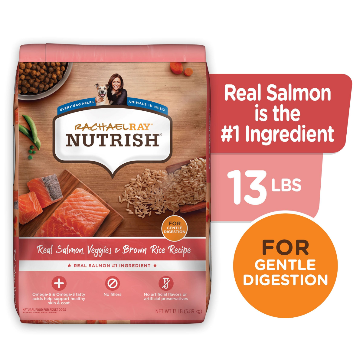 slide 1 of 25, Rachael Ray Nutrish Nutrish Real Salmon, Veggies & Brown Rice Recipe Whole Health Blend Dry Dog Food, 13 lb. Bag (Rachael Ray), 208 oz