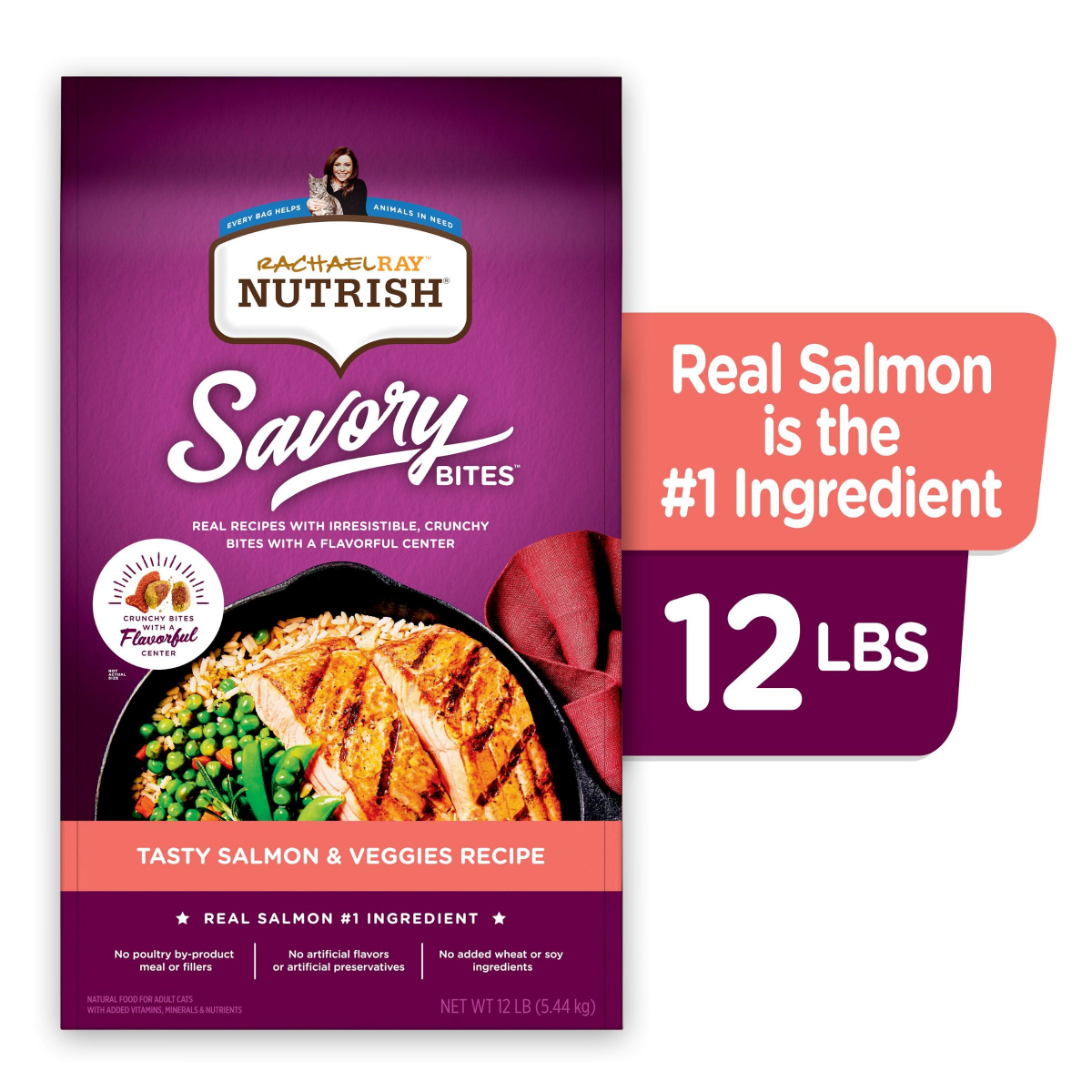 slide 1 of 29, Rachael Ray Nutrish Savory Bites Tasty Salmon & Veggies Recipe Dry Cat Food, 12 lb. Bag, 12 lb
