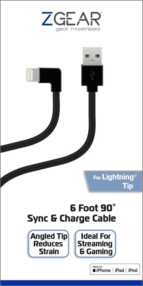 slide 1 of 1, Zgear 90 Degree Tip For Apple Lightning Sync & Charge Cable - Black, 6 ft