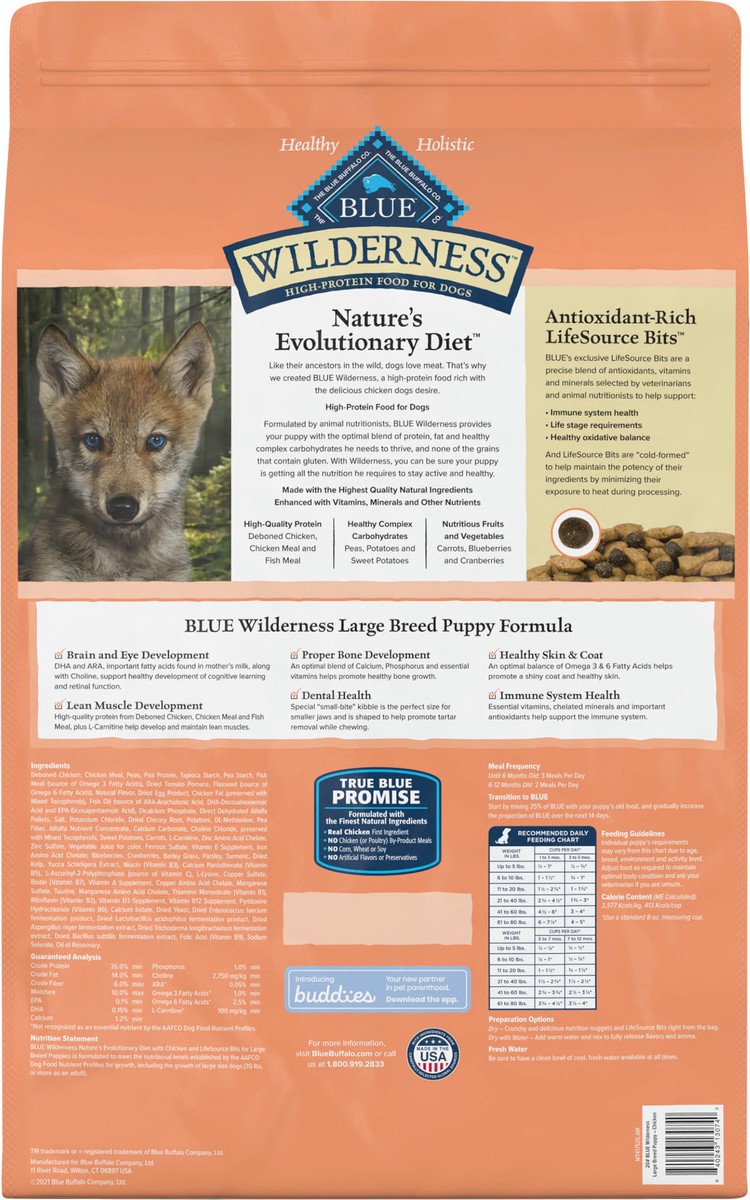 slide 10 of 13, Blue Buffalo Wilderness High Protein, Natural Puppy Large Breed Dry Dog Food, Chicken 20-lb, 20 lb