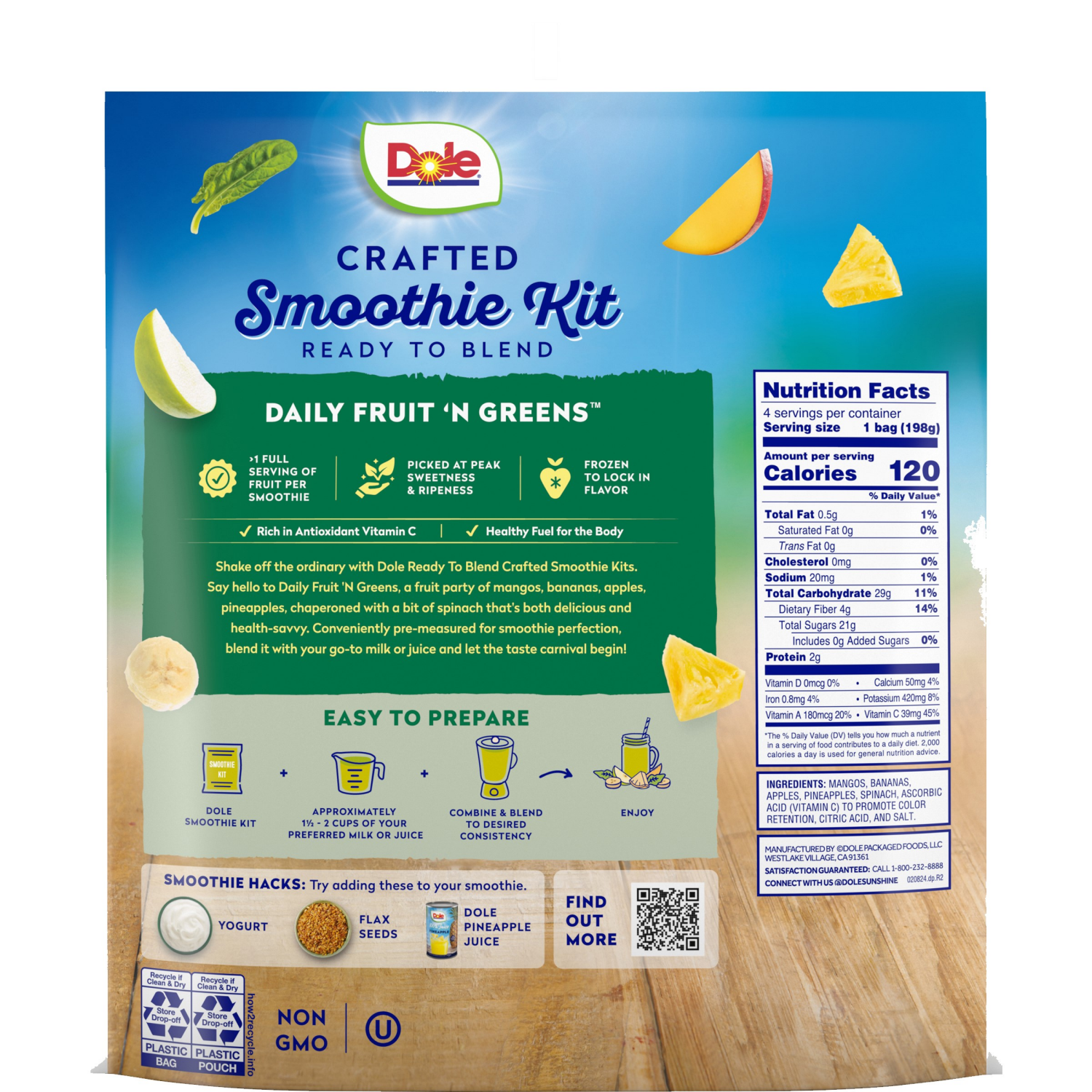 slide 2 of 2, Dole Crafted Daily Fruit 'N Greens Smoothie Kit 4 - 7 oz Bags, 4 ct