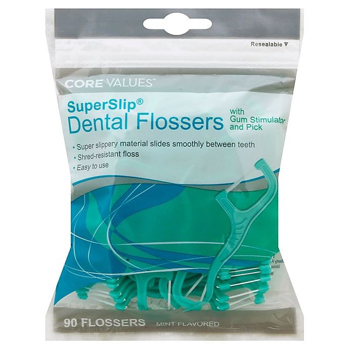 slide 1 of 3, Core Values Super Slip Dental Flossers with Gum Stimulator and Pick, 90 ct