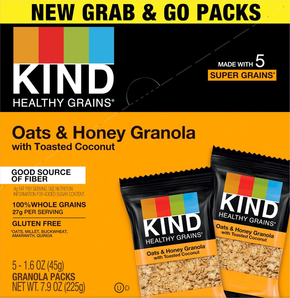 slide 2 of 6, KIND Healthy Grains Grab & Go Granola, Oats & Honey Granola with Toasted Coconut, 1.6 oz Pouches, 5 Count?, 5 ct