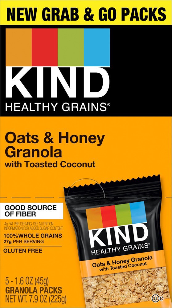 slide 3 of 6, KIND Healthy Grains Grab & Go Granola, Oats & Honey Granola with Toasted Coconut, 1.6 oz Pouches, 5 Count?, 5 ct