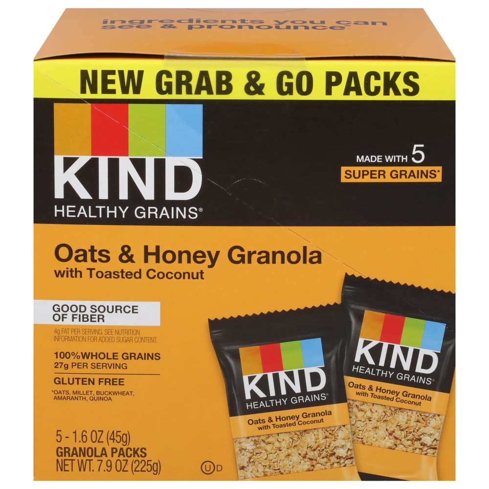 slide 1 of 6, KIND Healthy Grains Grab & Go Granola, Oats & Honey Granola with Toasted Coconut, 1.6 oz Pouches, 5 Count?, 5 ct