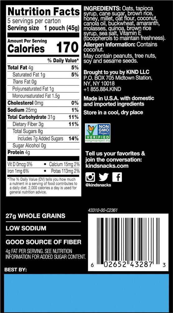 slide 6 of 6, KIND Healthy Grains Grab & Go Granola, Oats & Honey Granola with Toasted Coconut, 1.6 oz Pouches, 5 Count?, 5 ct