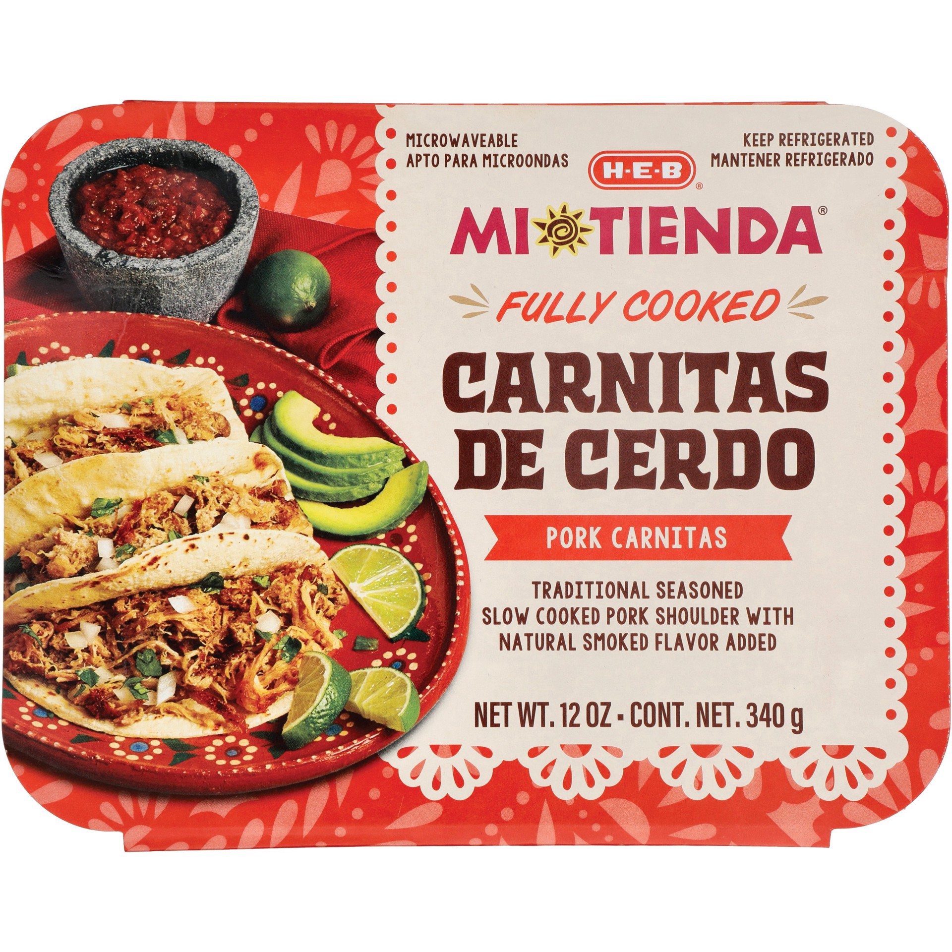 slide 1 of 1, H-E-B Mi Tienda Fully Cooked Seasoned Pork Carnitas de Cerdo, 12 oz