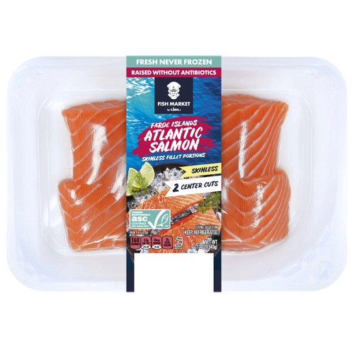 slide 1 of 1, Fish Market fresh Faroe Island Atlantic salmon skinless portions, 12 oz