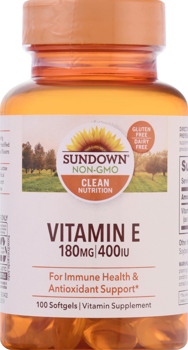 slide 1 of 9, Sundown Non-GMO 180 mg Softgels Vitamin E 100 ea, 100 ct