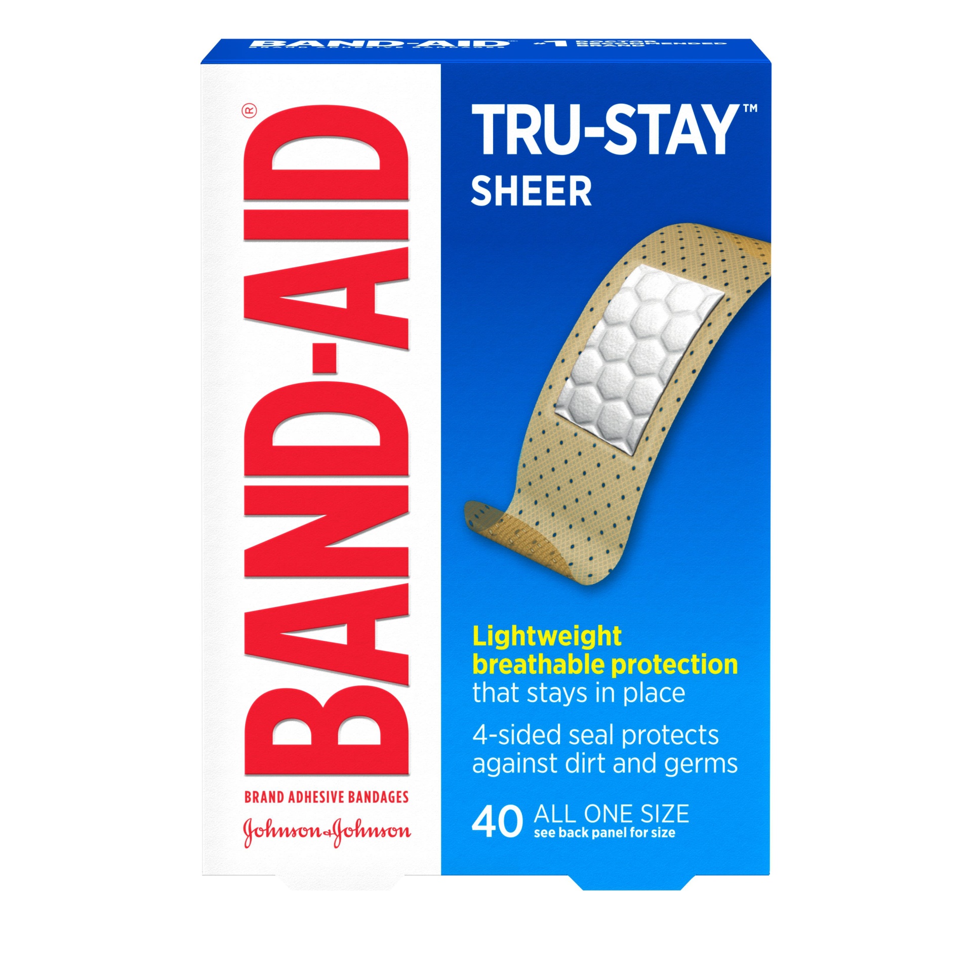 slide 1 of 8, BAND-AID Tru-Stay Sheer Strips Adhesive Sterile Bandages for First Aid & Wound Protection, Individually Wrapped Wound Care Bandages for Minor Cuts & Scrapes, All One Size, 40 ct, 40 ct