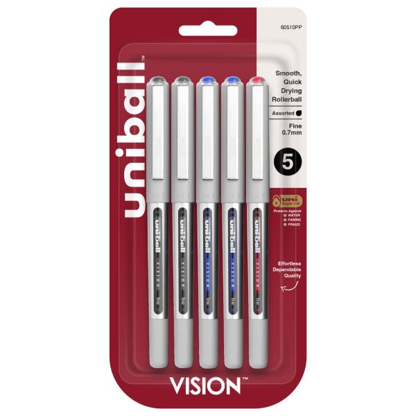 slide 1 of 8, uni-ball Vision Rollerball Pens, Fine Point, Gray Barrel, Assorted Ink Colors, Pack Of 5, 5 ct