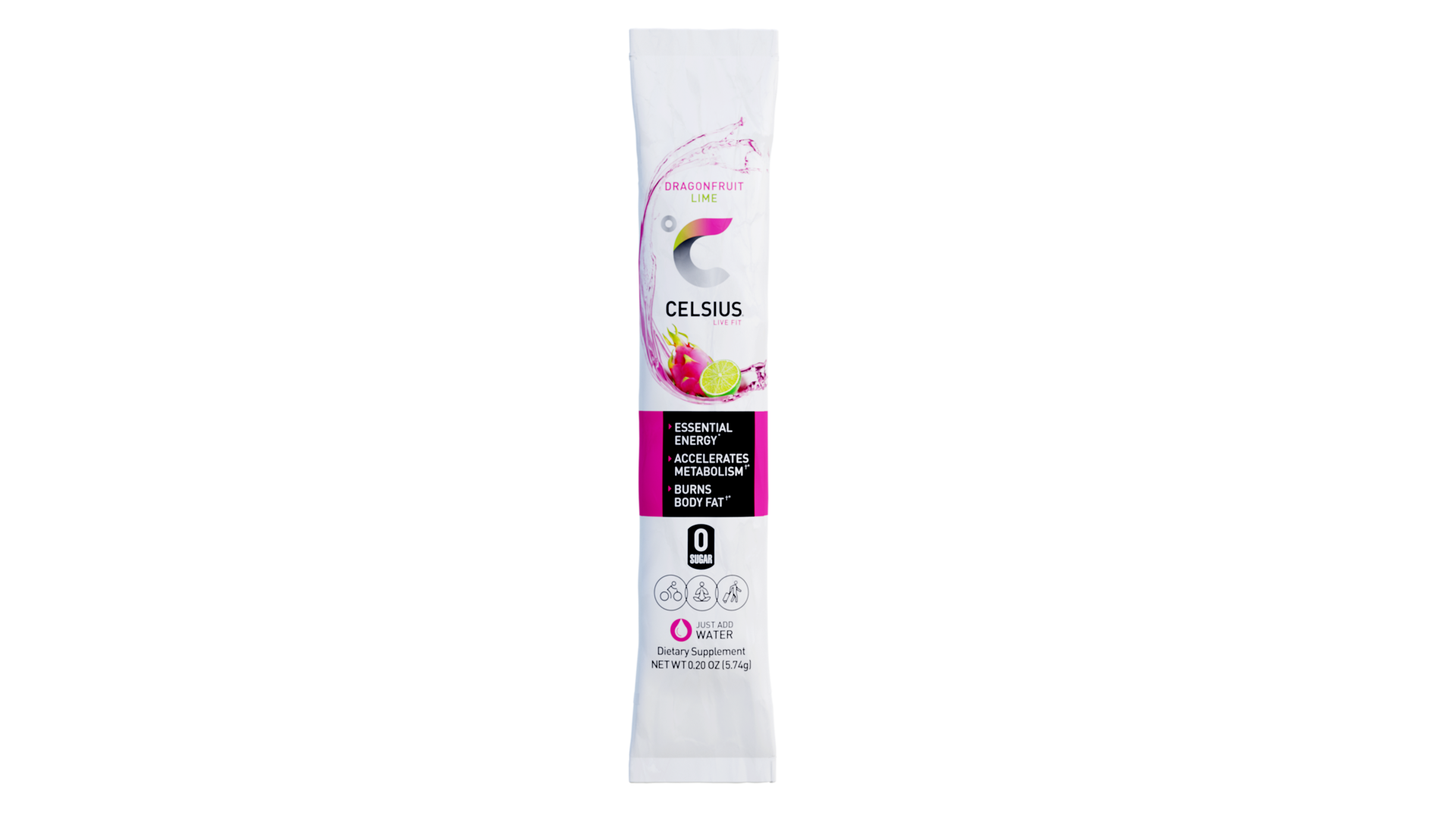 slide 1 of 1, CELSIUS On-the-Go Powder Stick Dragonfruit Lime, Functional Essential Energy 2.6 Oz Single Packet, 0.18 oz