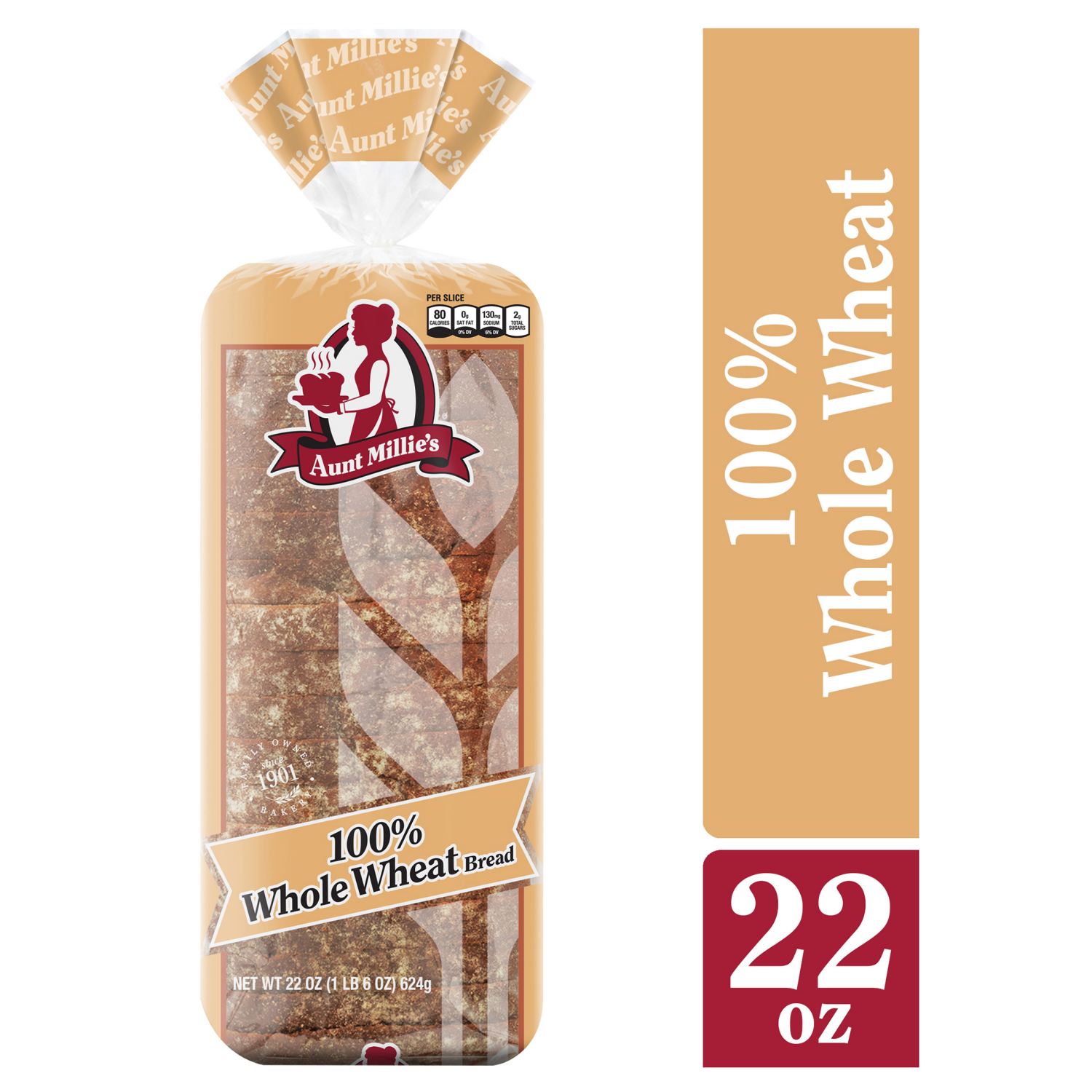 slide 1 of 5, Aunt Millie's 100% Whole Wheat Bread 22 oz, 22 oz