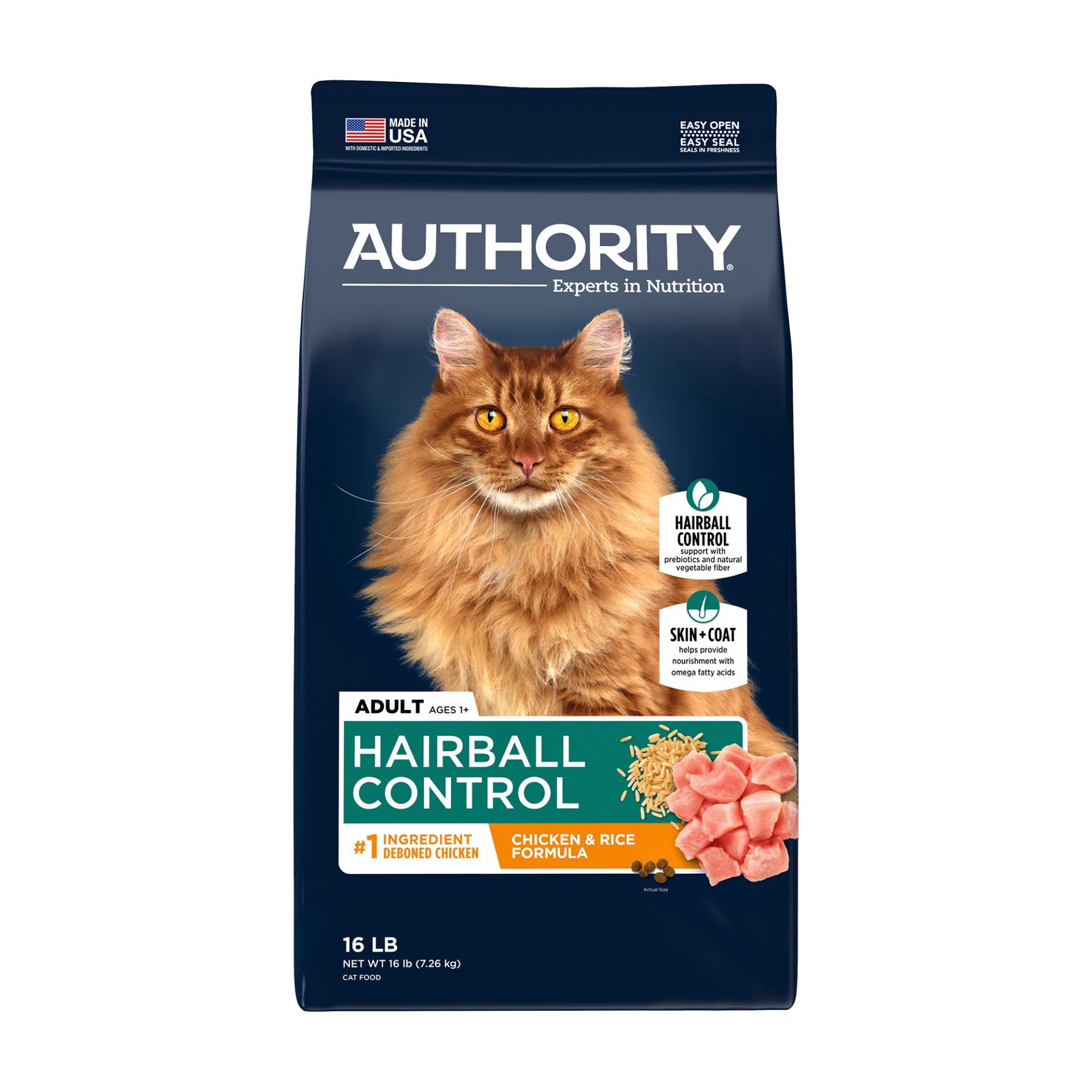 slide 1 of 1, Authority Hairball Control Cat Dry Food - Chicken & Rice, With-Grain, 16 lb