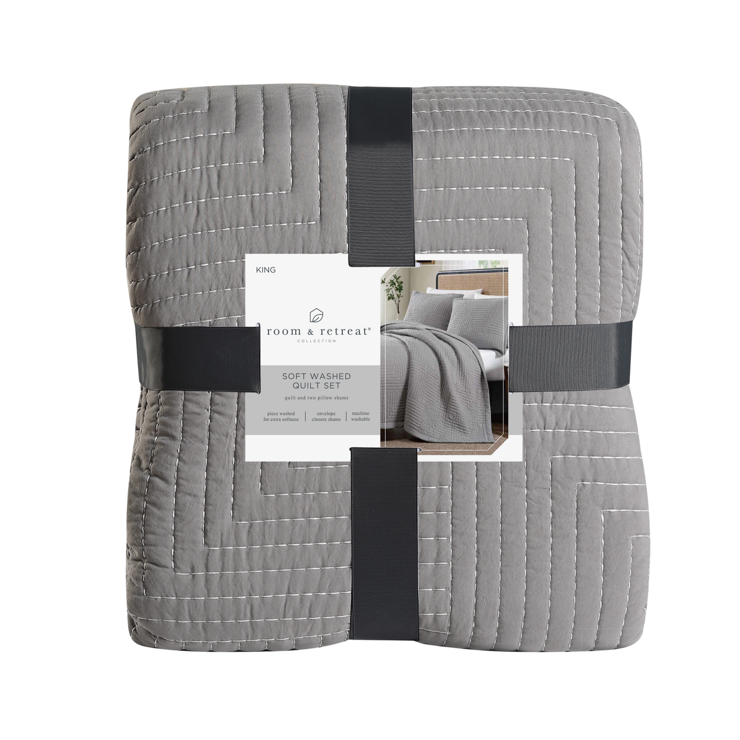 slide 1 of 4, ROOM & RETREAT HAMILTON QUILT SET GREY KING, 1 ct
